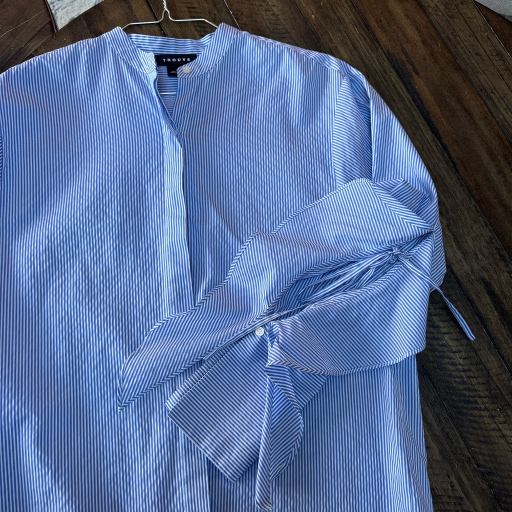 Trouvé | Pinstripe Collarless Ruffle Sleeve Button Down Shirt